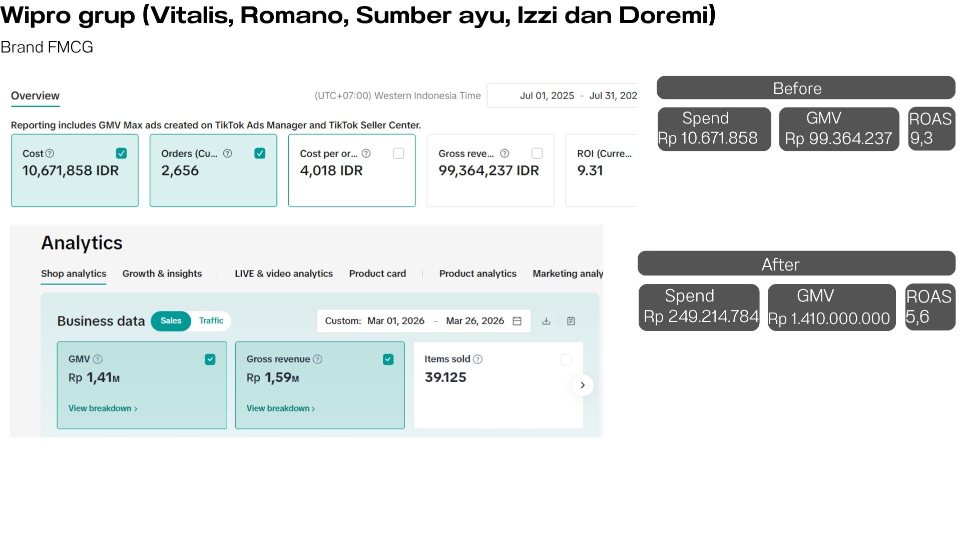 Screenshot dashboard Wipro Grup TikTok GMV Max